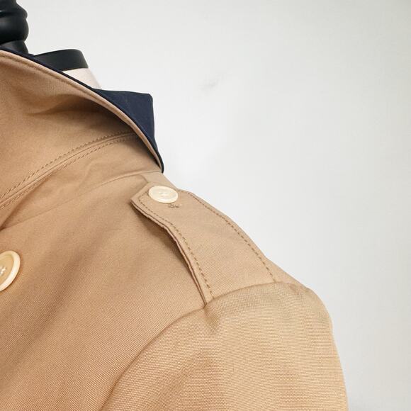 J. Crew Womens Crop Trench Coat Size 2 Tan Blue Nautical Preppy Jacket Stripes - Picture 8 of 16